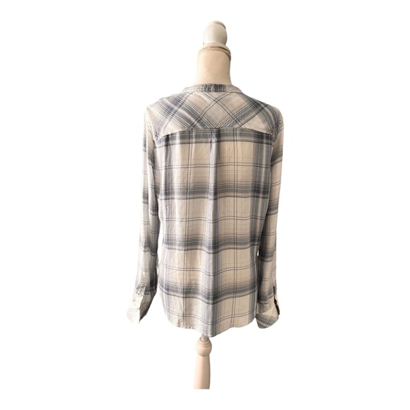 Paige Plaid Shirt Button Up  Distressed Ruffle Collar Festival Semi Sheer Size M - Picture 5 of 9